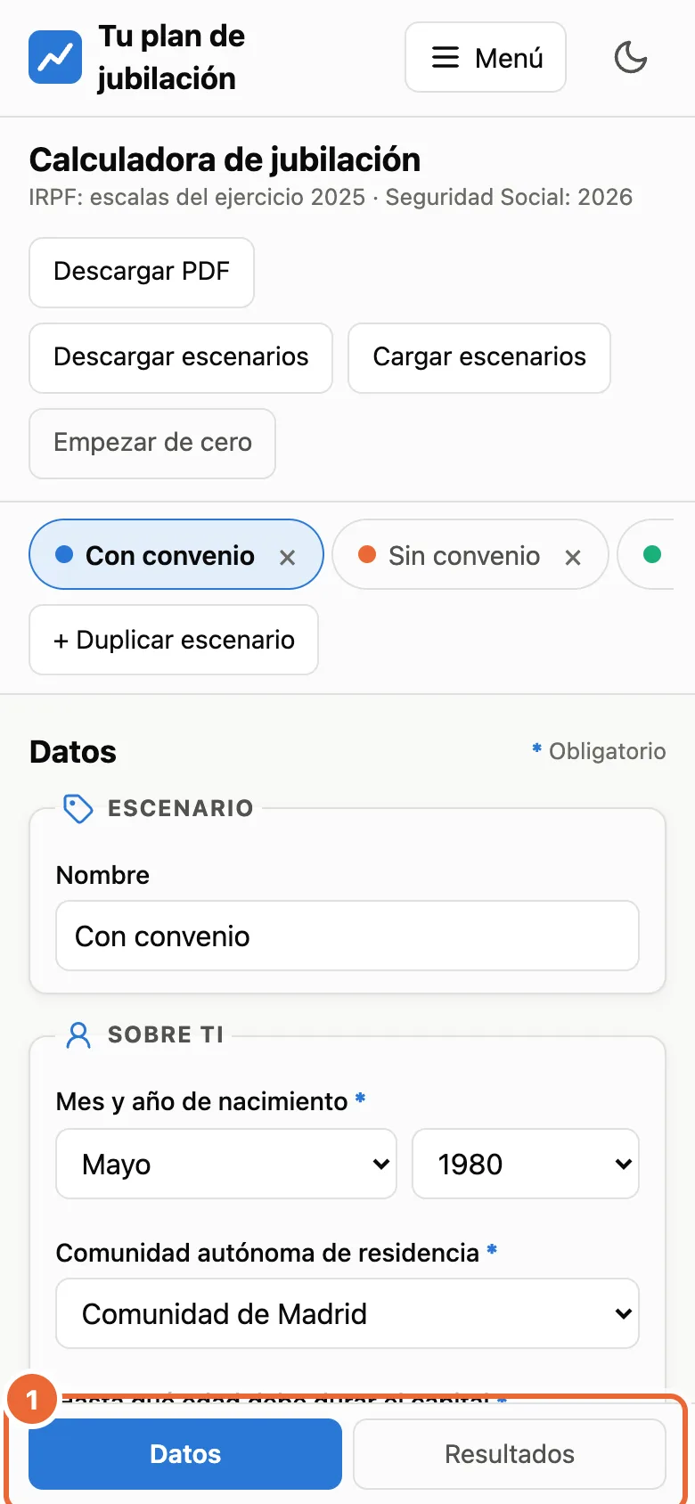 Calculadora en un móvil, vista Datos, con los botones Datos y Resultados en la parte inferior.