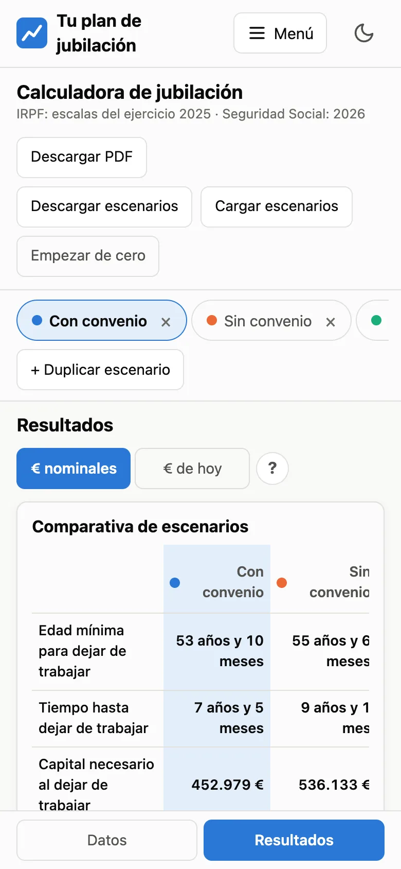 Calculadora en un móvil, vista Resultados, con la comparativa de escenarios.